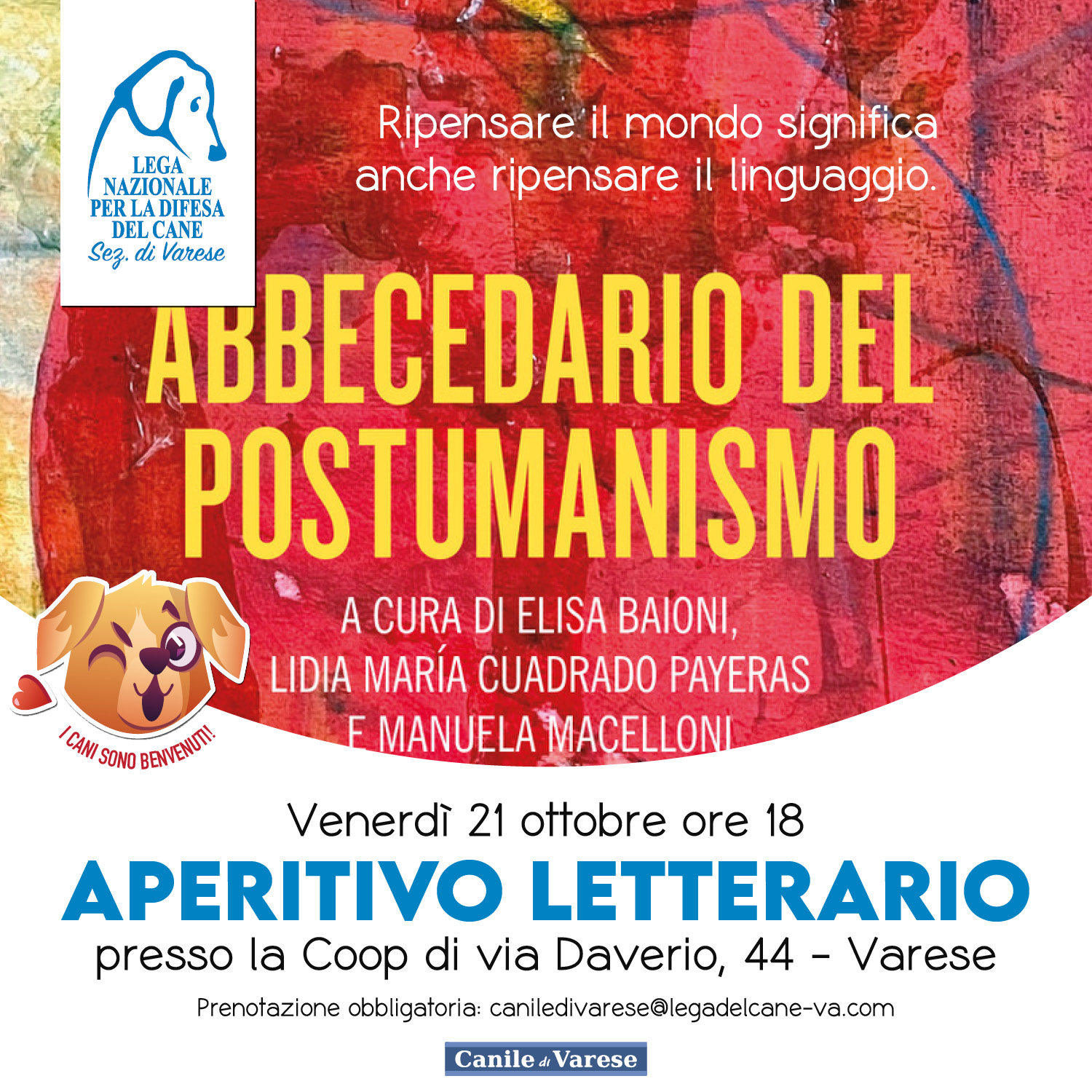 Aperitivo Letterario e Presentazione "ABBECEDARIO DEL POSTUMANISMO" con Manuela Macelloni coop varese ubik libreria beneficenza canile