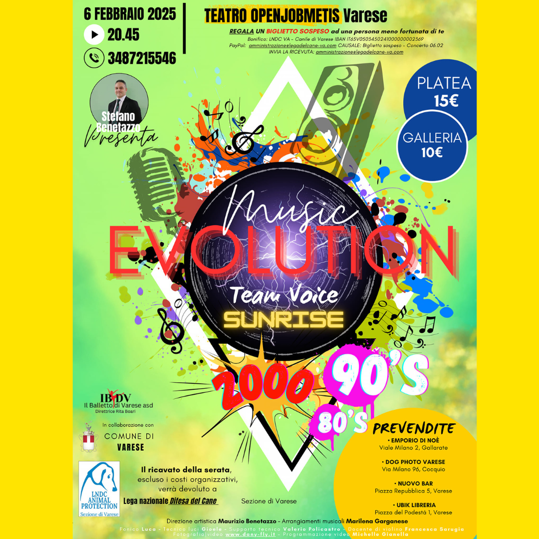 teatro Openjobmetis Varese Comune di Varese Music Evolution, un viaggio musicale, anni '80 , Team Voice SUNRISE, concerto benefico, concerto, canile di varese, maurizio benetazzo, marilena garganese